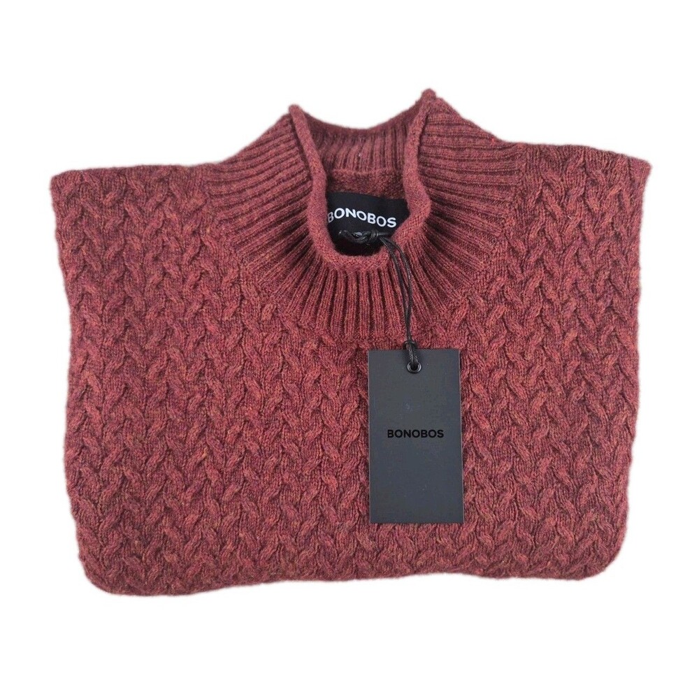 Bonobos Sweater Men Sz Medium Red Lambswool Blend Mock Roll Neck Cable Knit NWT